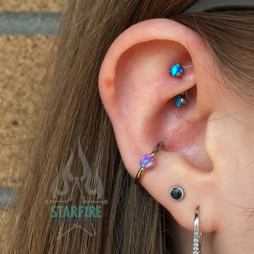 Opal Balls in Prong's Curved Barbell