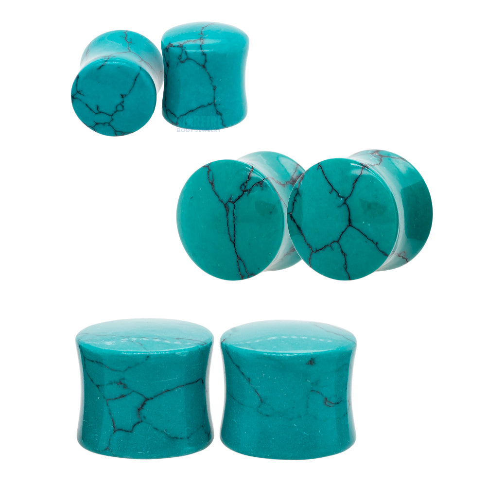 Stone Plugs - Dark Green Spiderweb Turquoise
