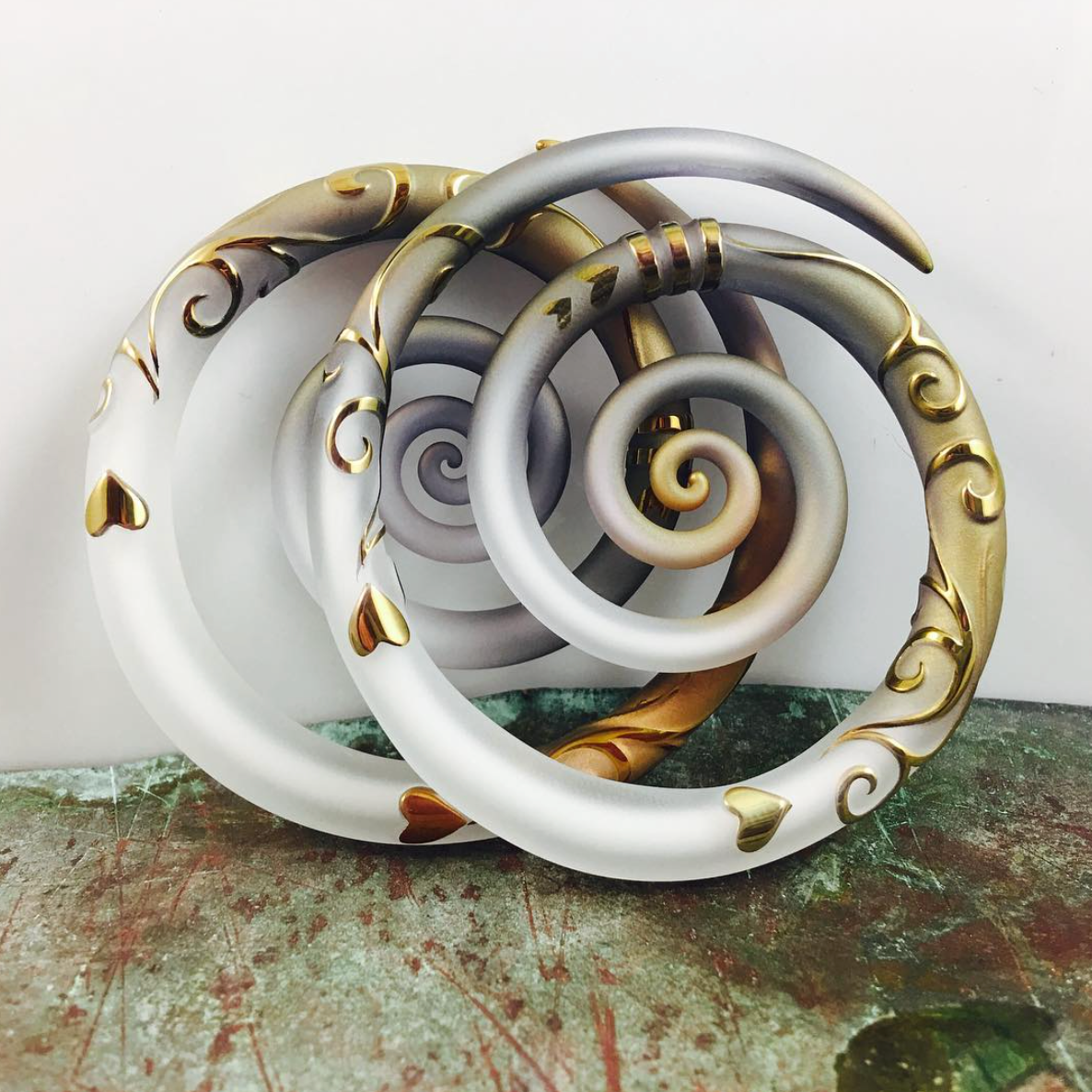 Heart Filigree Glass & Gold Spirals - ONE PAIR ONLY