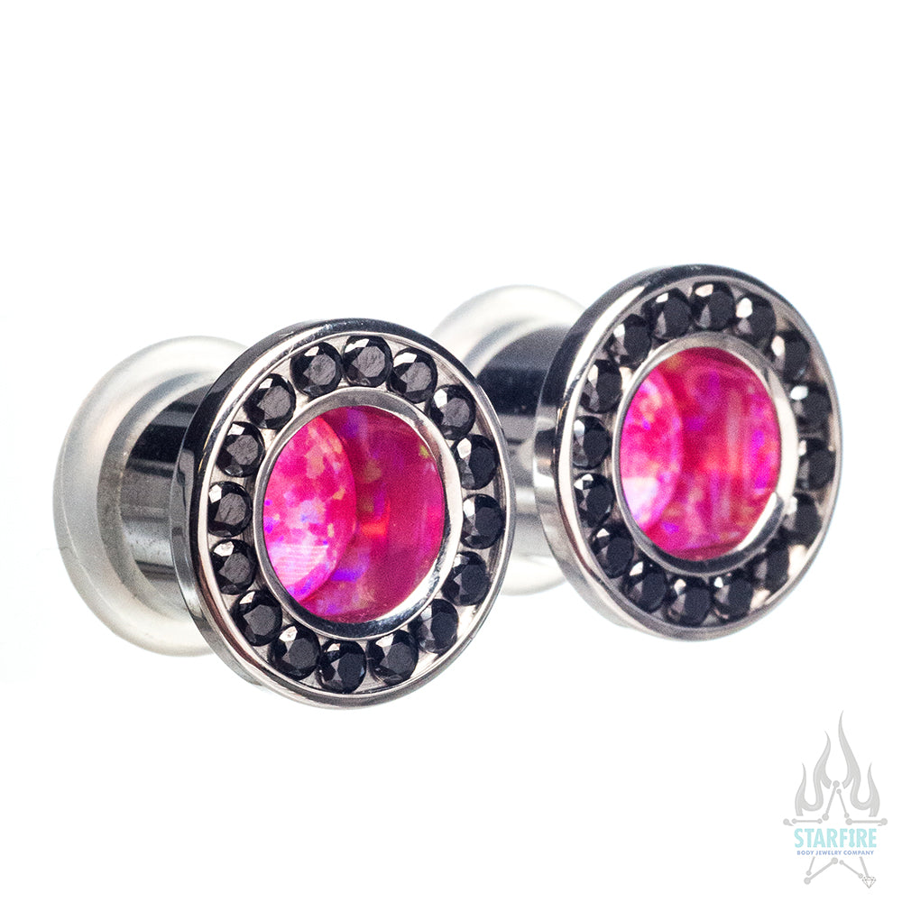 Super Gemmed BIG BLING Plugs ( Eyelets ) with Hot Pink Opal & Black Brilliant-Cut Gems - custom color combos