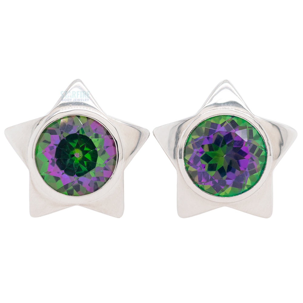 Gem Star Plugs with Brilliant-Cut Gem - Genuine Mystic Topaz