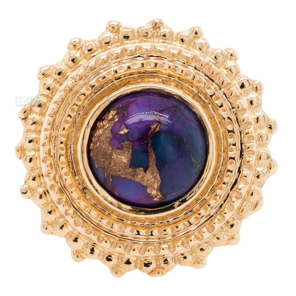 Round Afghan Threaded End in Gold with Copper Purple Turquoise