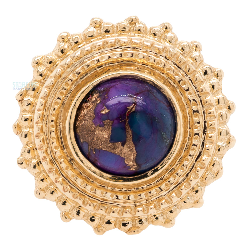 Round Afghan Threaded End in Gold with Copper Purple Turquoise
