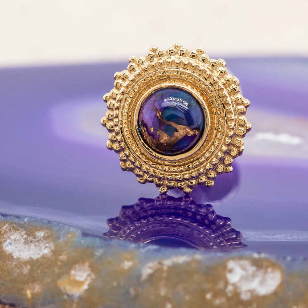 Round Afghan Threaded End in Gold with Copper Purple Turquoise