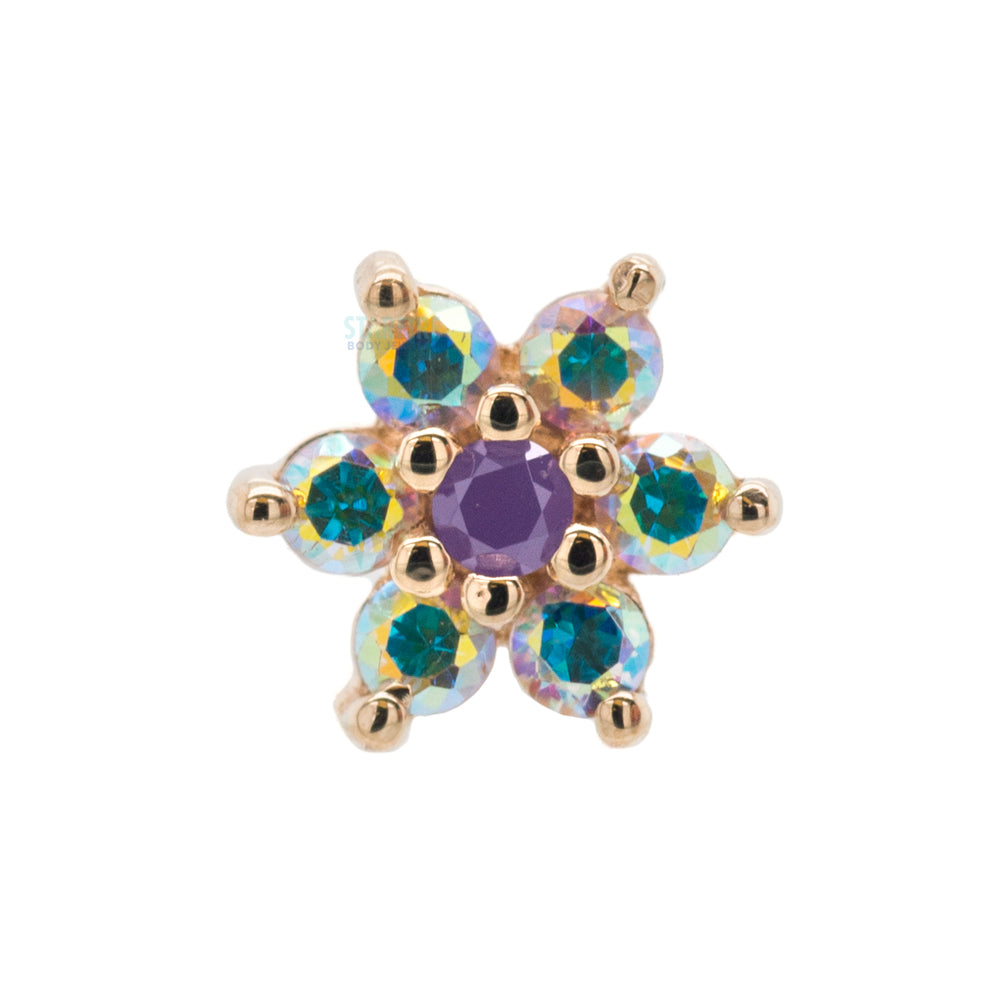 Flower #2 Nostril Screw in Gold with Mercury Mist Topaz' & Opaque Purple CZ