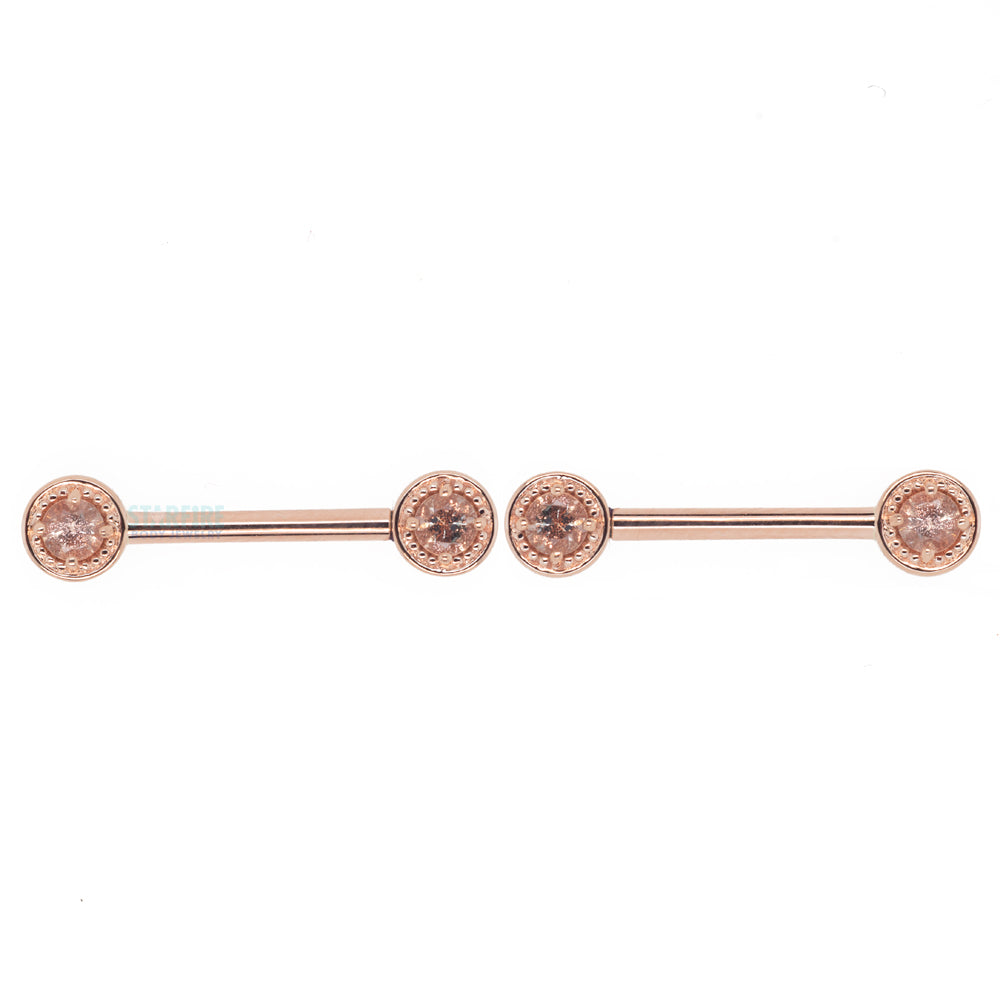 Milgrain Prong Forward Facing Nipple Barbells in Gold & Platinum with Oregon Sunstone