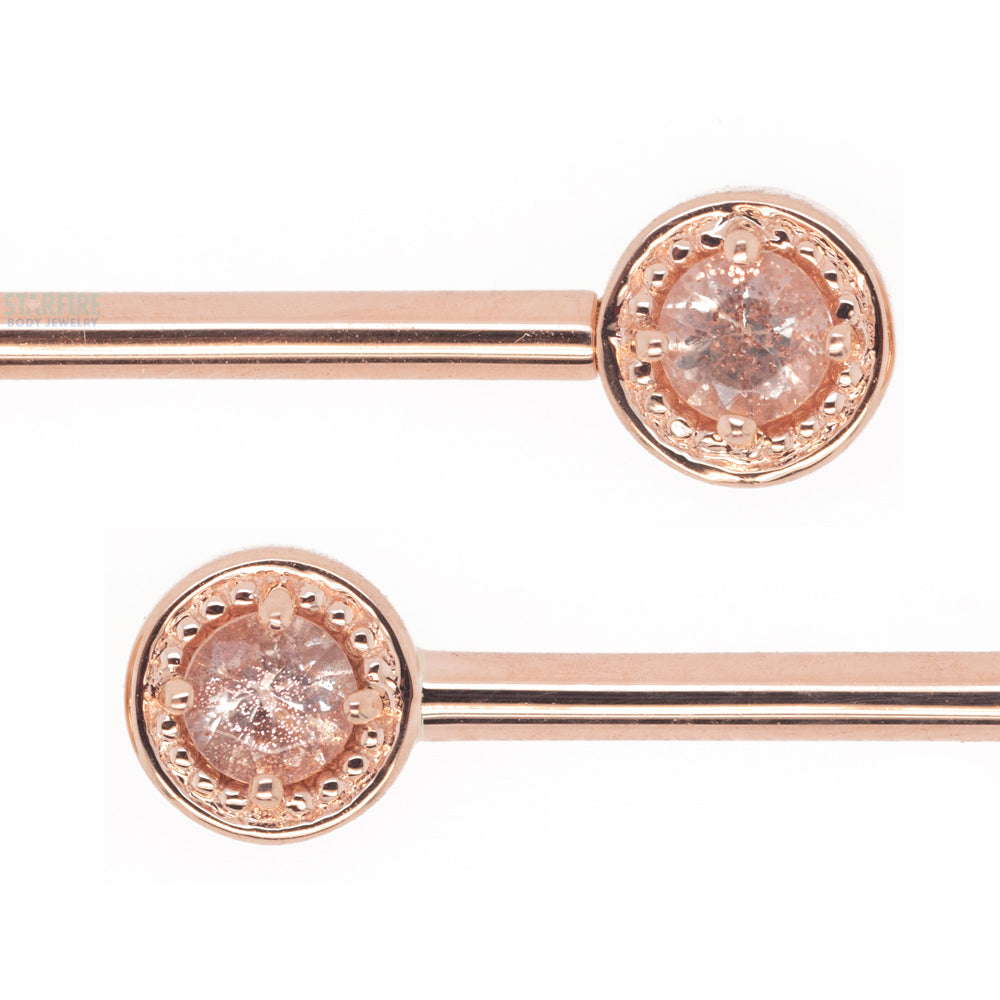Milgrain Prong Forward Facing Nipple Barbells in Gold & Platinum with Oregon Sunstone