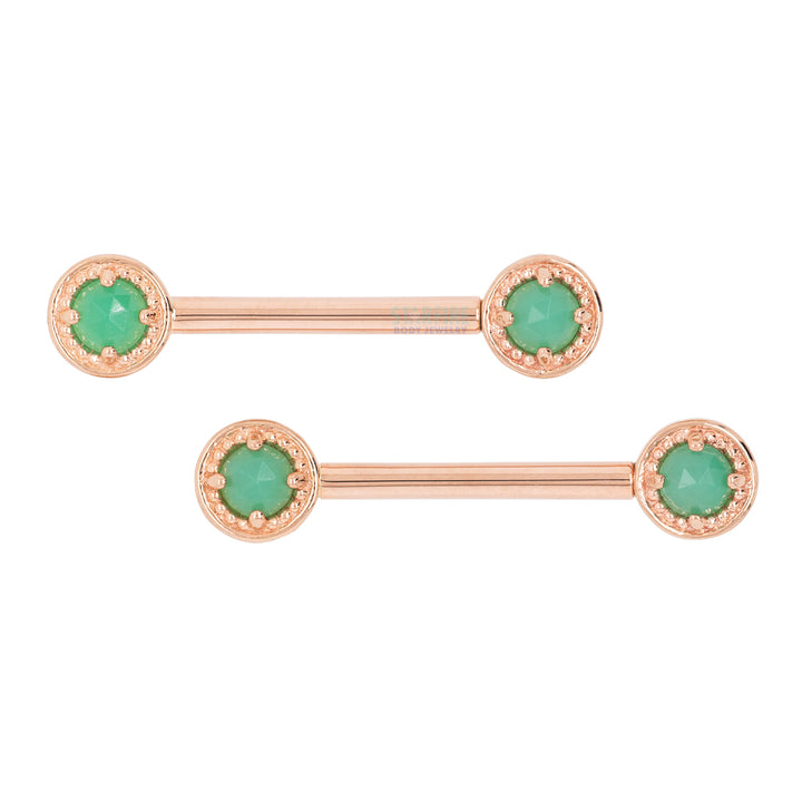 Milgrain Prong Forward Facing Nipple Barbells in Gold & Platinum with Rose Cut Chrysoprase