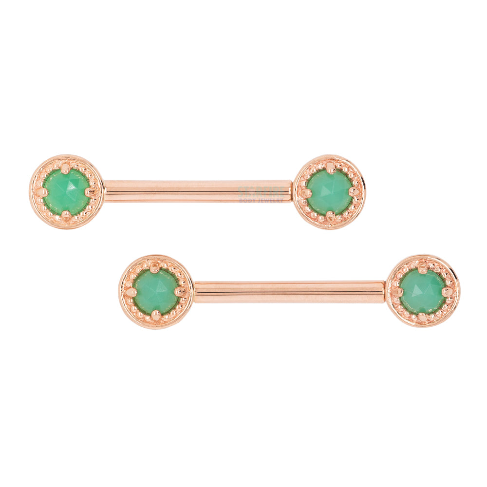 Millgrain Prong Forward Facing Nipple Barbells in Gold with Rose Cut Chrysoprase