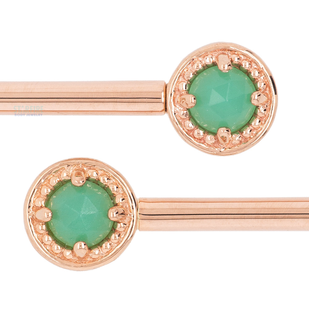 Milgrain Prong Forward Facing Nipple Barbells in Gold & Platinum with Rose Cut Chrysoprase