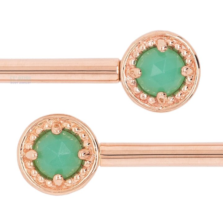 Milgrain Prong Forward Facing Nipple Barbells in Gold & Platinum with Rose Cut Chrysoprase