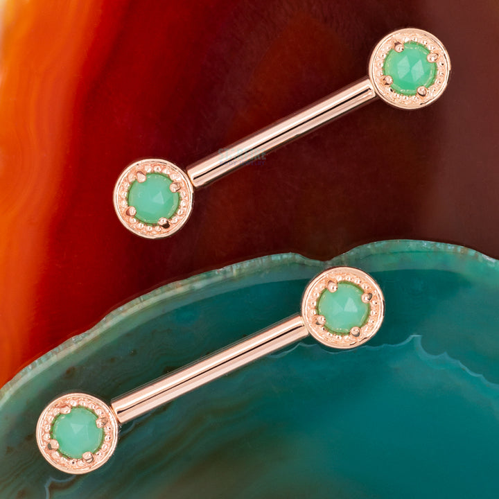 Milgrain Prong Forward Facing Nipple Barbells in Gold & Platinum with Rose Cut Chrysoprase