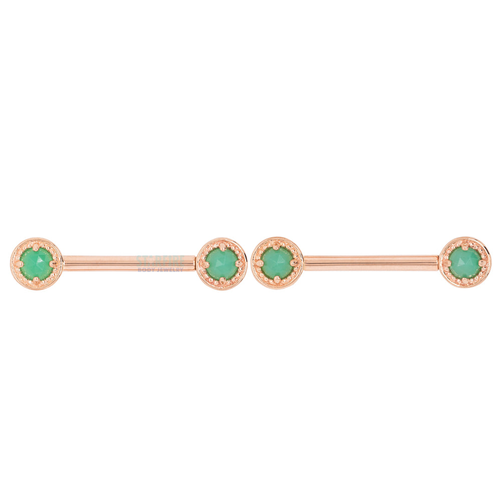 Milgrain Prong Forward Facing Nipple Barbells in Gold & Platinum with Rose Cut Chrysoprase