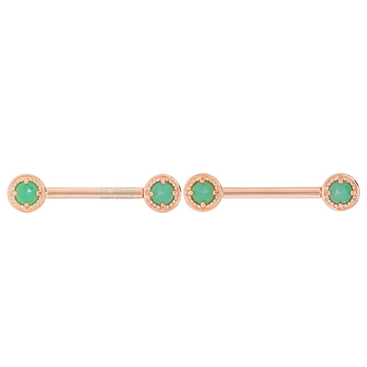 Milgrain Prong Forward Facing Nipple Barbells in Gold & Platinum with Rose Cut Chrysoprase