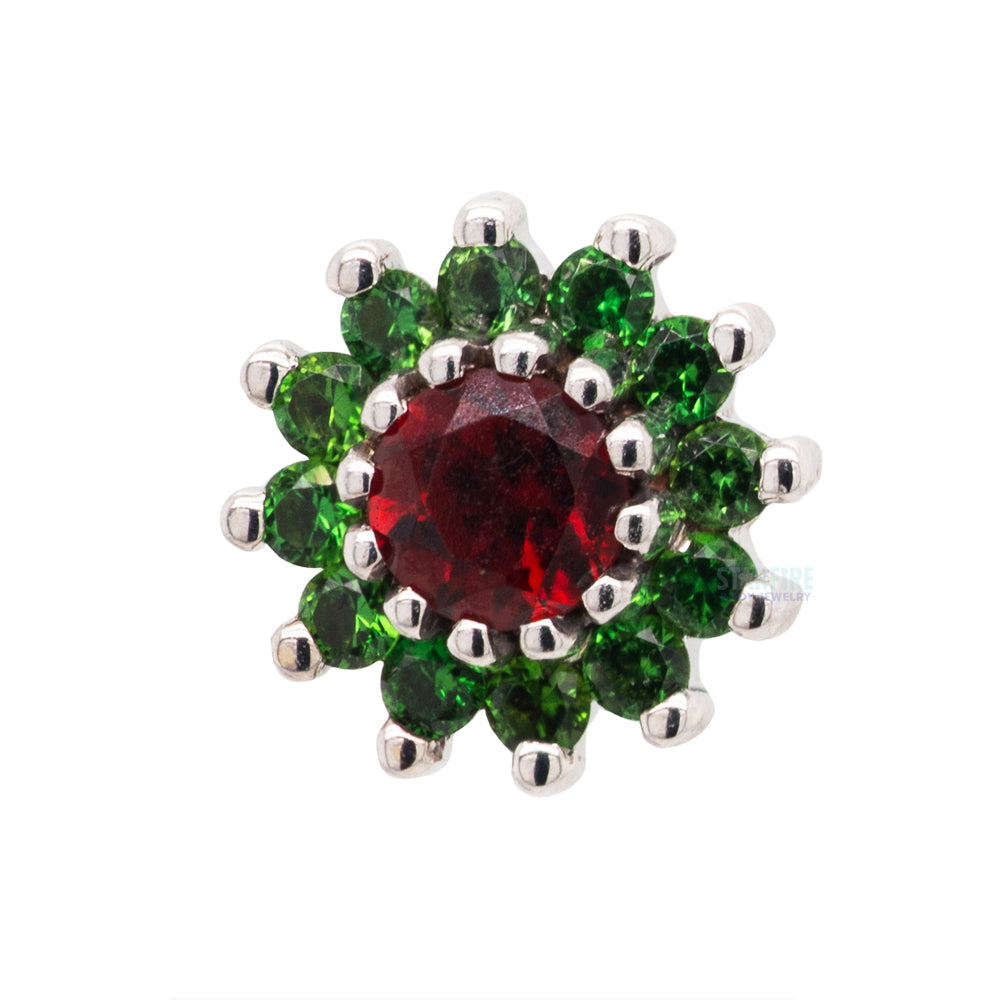 "The Rose" Threaded End in Gold 'Holiday Collection' with Garnet center & Green Tourmaline petals