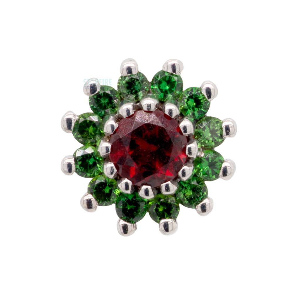 "The Rose" Threaded End in Gold 'Holiday Collection' with Garnet center & Green Tourmaline petals