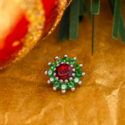 "The Rose" Threaded End in Gold 'Holiday Collection' with Garnet center & Green Tourmaline petals