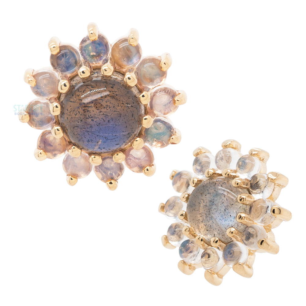 "The Rose" Threaded End in Gold with Labradorite Cabochon center & Rainbow Moonstone petals