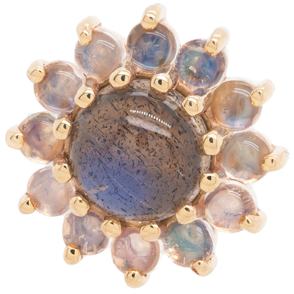 "The Rose" Threaded End in Gold with Labradorite Cabochon center & Rainbow Moonstone petals