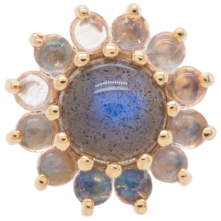 "The Rose" Threaded End in Gold with Labradorite Cabochon center & Rainbow Moonstone petals