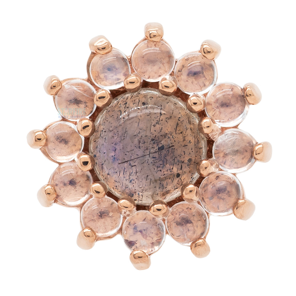"The Rose" Threaded End in Gold with Labradorite Cabochon center & Rainbow Moonstone petals
