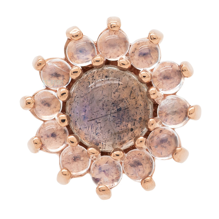 "The Rose" Threaded End in Gold with Labradorite Cabochon center & Rainbow Moonstone petals