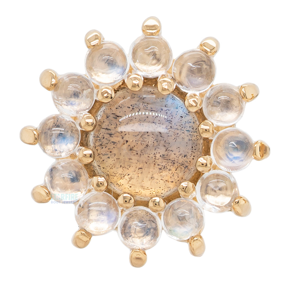"The Rose" Threaded End in Gold with Labradorite Cabochon center & Rainbow Moonstone petals