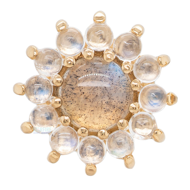 "The Rose" Threaded End in Gold with Labradorite Cabochon center & Rainbow Moonstone petals