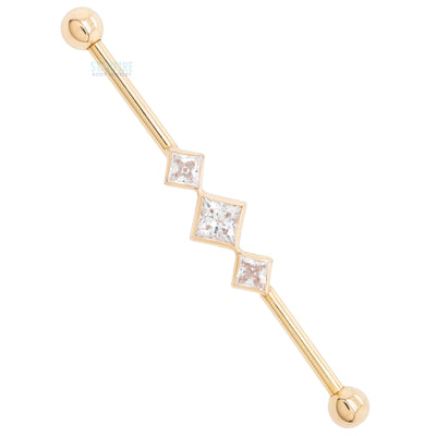 "Jenna" Industrial Barbell in Gold with In-Line Princess-Cut White CZ's