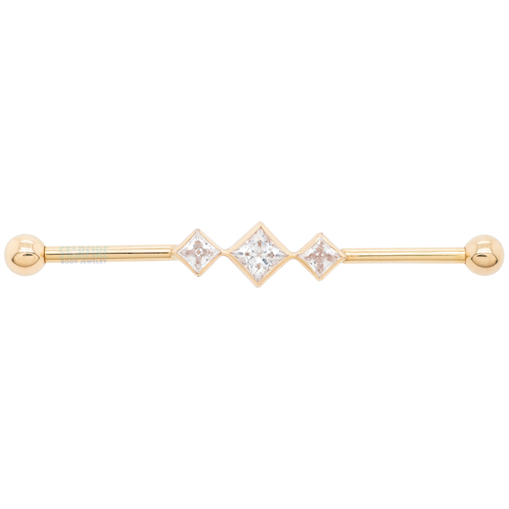 "Jenna" Industrial Barbell in Gold with In-Line Princess-Cut White CZ's