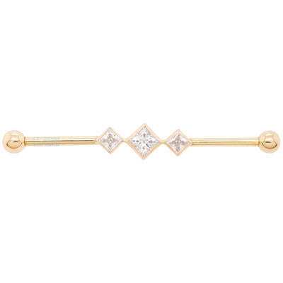 "Jenna" Industrial Barbell in Gold with In-Line Princess-Cut White CZ's