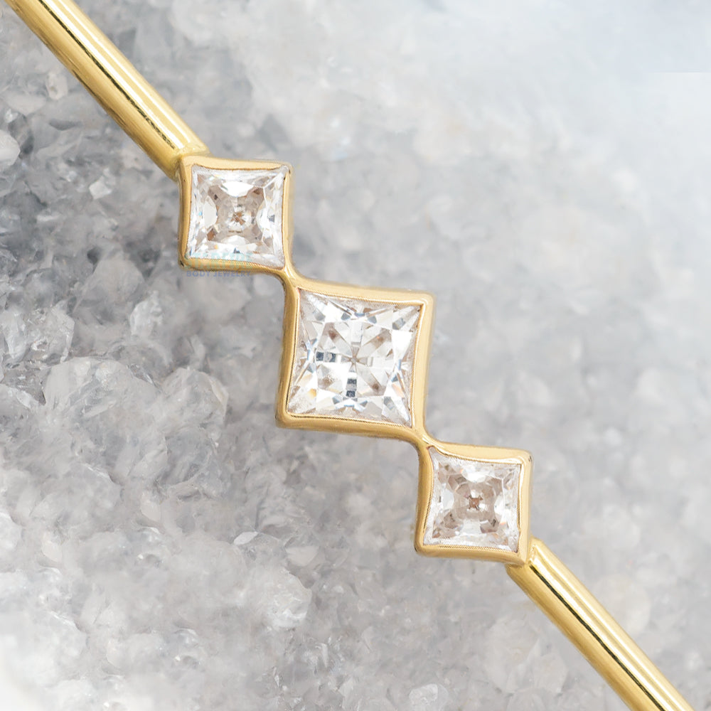 "Jenna" Industrial Barbell in Gold with In-Line Princess-Cut White CZ's