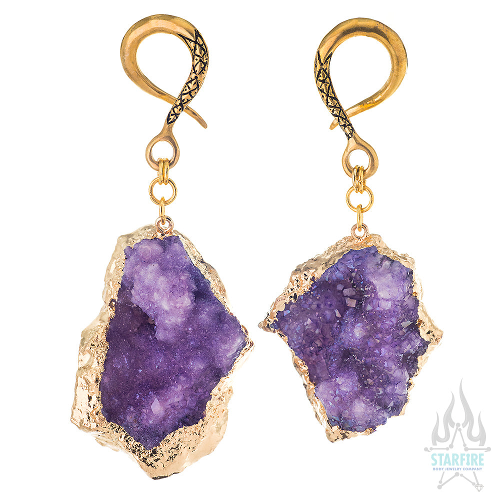 Crossovers with Gold Plated Druzy Rough Amethyst Weights