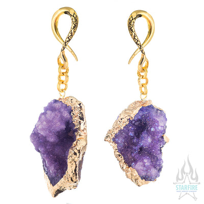 Crossovers with Gold Plated Druzy Rough Amethyst Weights