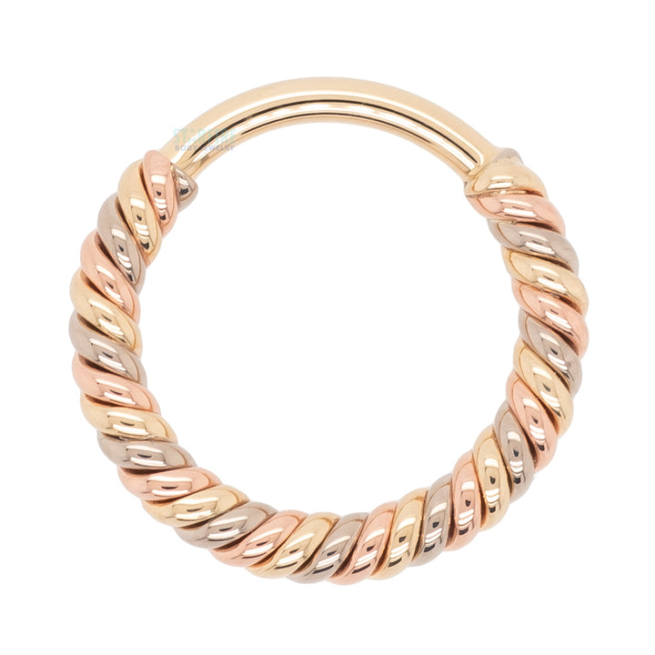 "Desiree" Tri Tone Braided Seam Ring in Yellow, White & Rose Gold