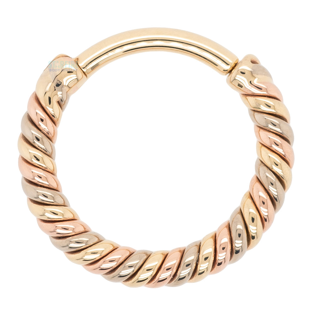 "Desiree" Tri Tone Braided Hinge Ring in Yellow, White & Rose Gold