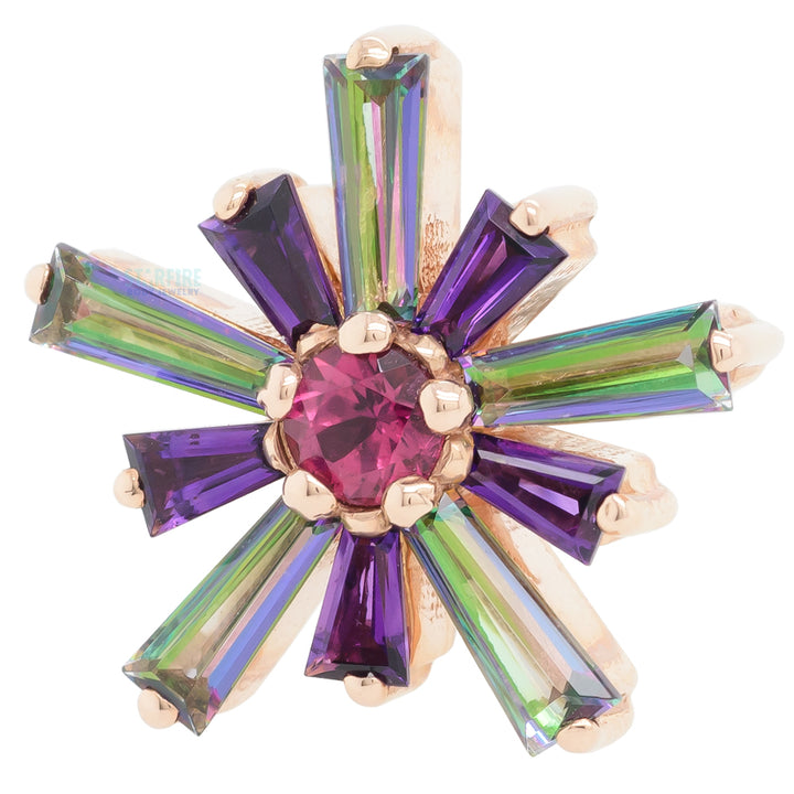 "Supernova" Threaded End in Gold & Platinum with Mystic Topaz & Amethyst surrounding a Pink Tourmaline