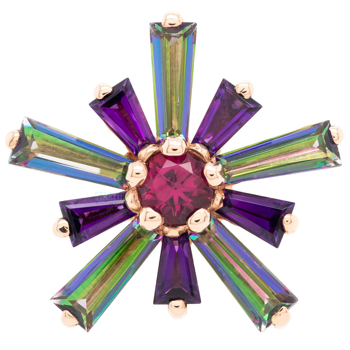 "Supernova" Threaded End in Gold & Platinum with Mystic Topaz & Amethyst surrounding a Pink Tourmaline