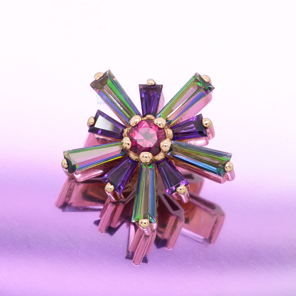"Supernova" Threaded End in Gold & Platinum with Mystic Topaz & Amethyst surrounding a Pink Tourmaline