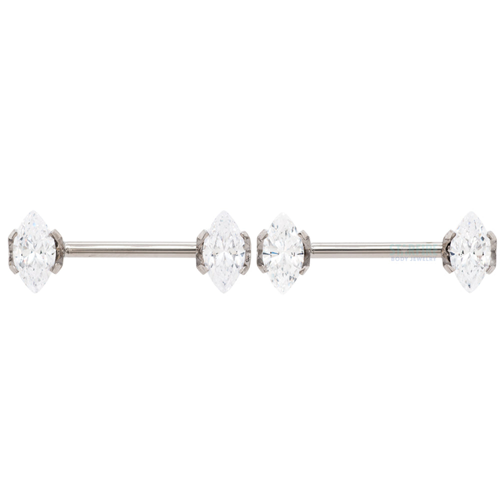 threadless: Marquise-Cut Brilliant-Cut Gems Side-Set Nipple Barbells in Prong's - 5/8" - pair