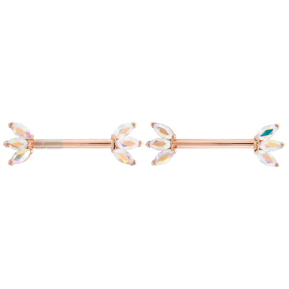 Triple Marquise Fan Forward Facing Nipple Barbells in Gold & Platinum with Mercury Mist Topaz'