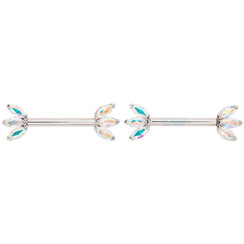 Triple Marquise Fan Forward Facing Nipple Barbells in Gold & Platinum with Mercury Mist Topaz'