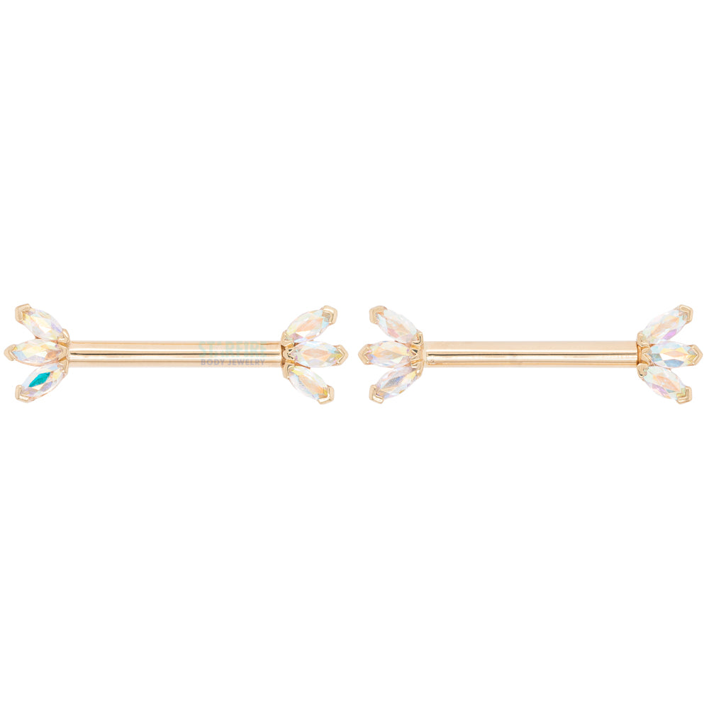 Triple Marquise Fan Forward Facing Nipple Barbells in Gold & Platinum with Mercury Mist Topaz'