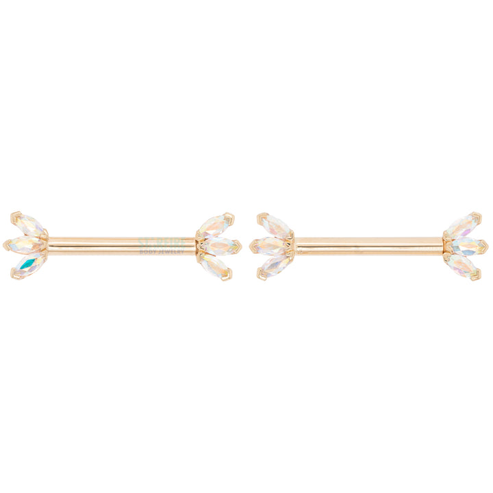 Triple Marquise Fan Forward Facing Nipple Barbells in Gold with Mercury  Mist Topaz'