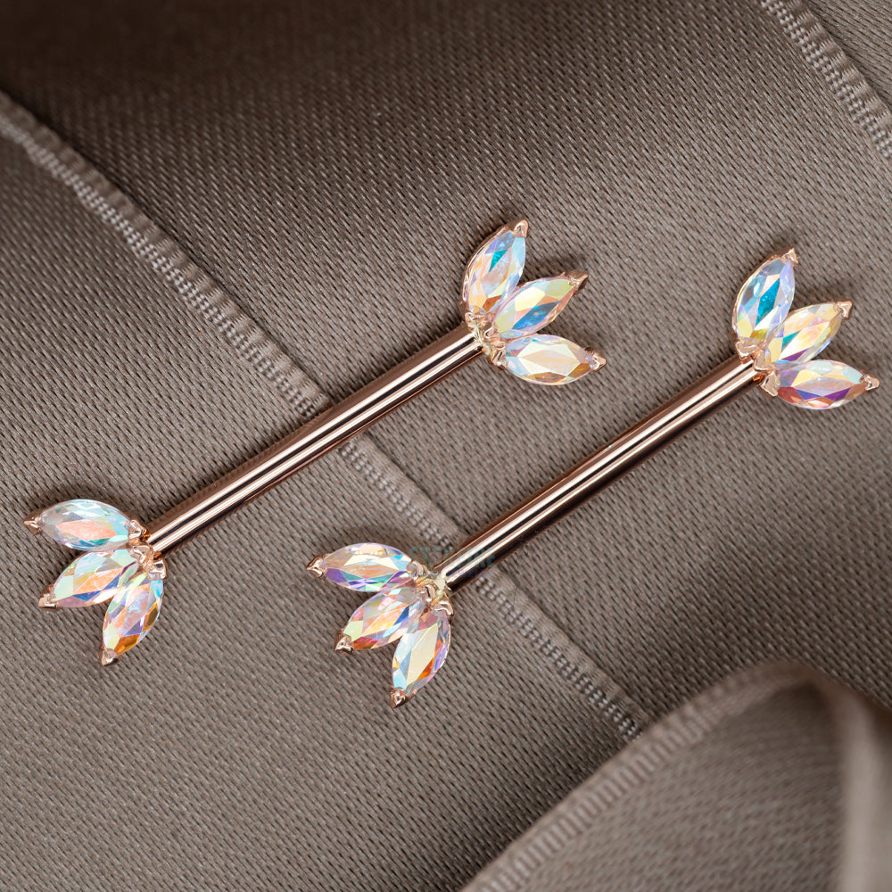 Triple Marquise Fan Forward Facing Nipple Barbells in Gold & Platinum with Mercury Mist Topaz'
