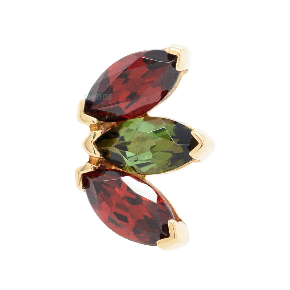 Triple Marquise Fan Threaded End in Gold & Platinum 'Holiday Collection' with Garnet & Green Tourmaline