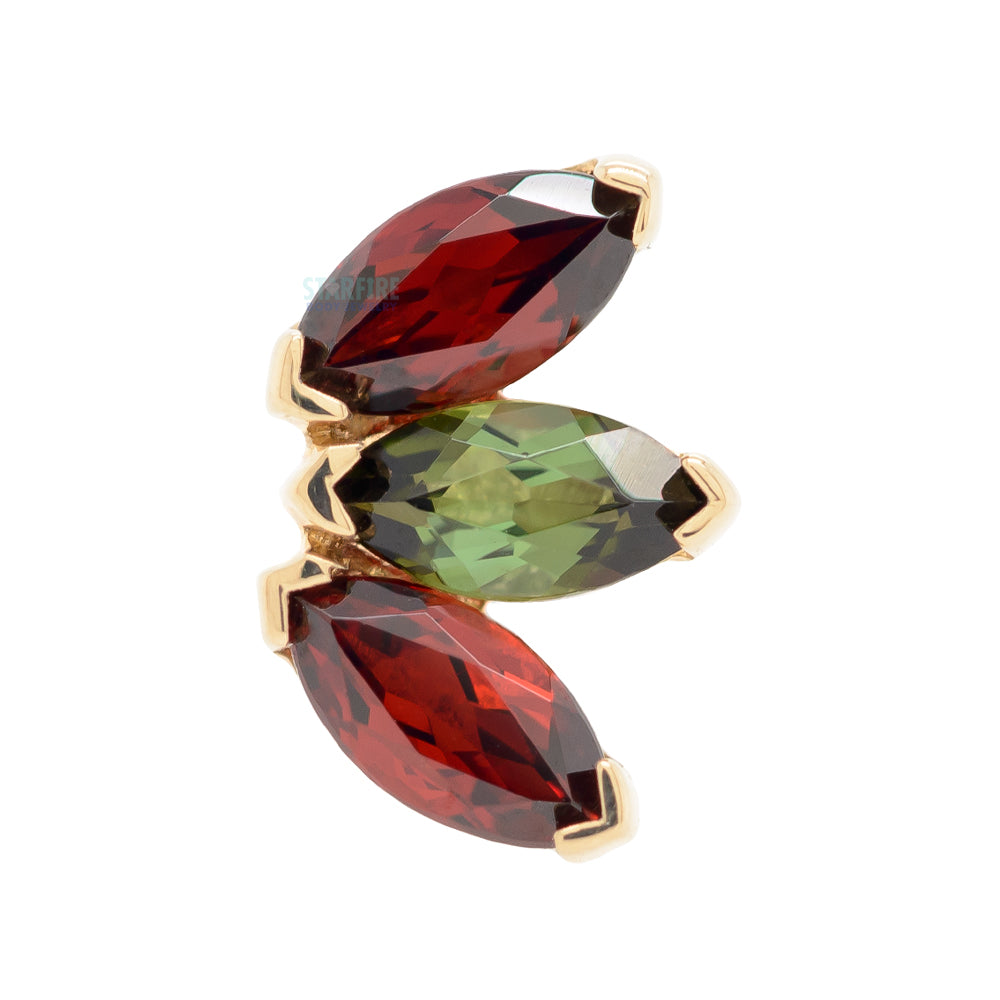 Triple Marquise Fan Threaded End in Gold & Platinum 'Holiday Collection' with Garnet & Green Tourmaline