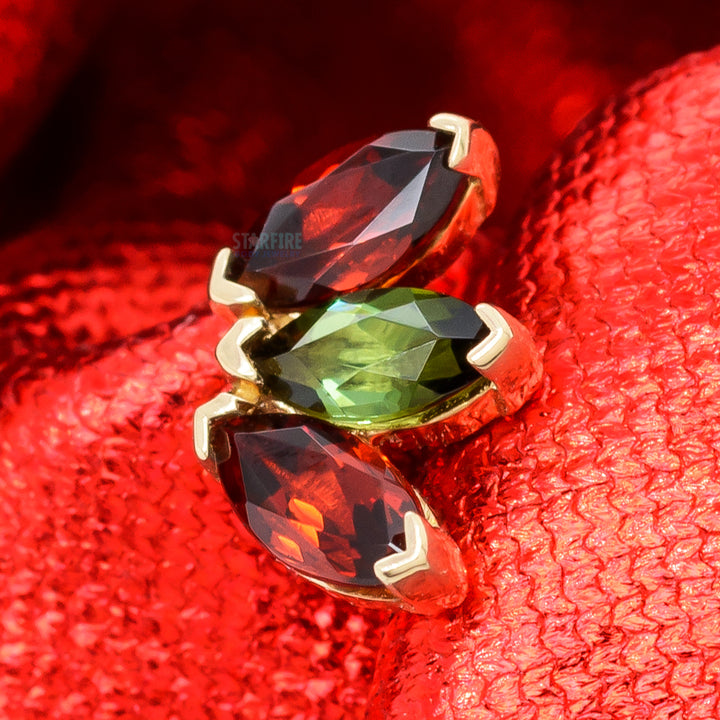 Triple Marquise Fan Threaded End in Gold & Platinum 'Holiday Collection' with Garnet & Green Tourmaline