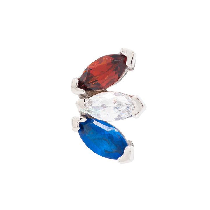 Triple Marquise Fan Threaded End in Gold & Platinum with Garnet, White CZ, and Synthetic Dark Blue