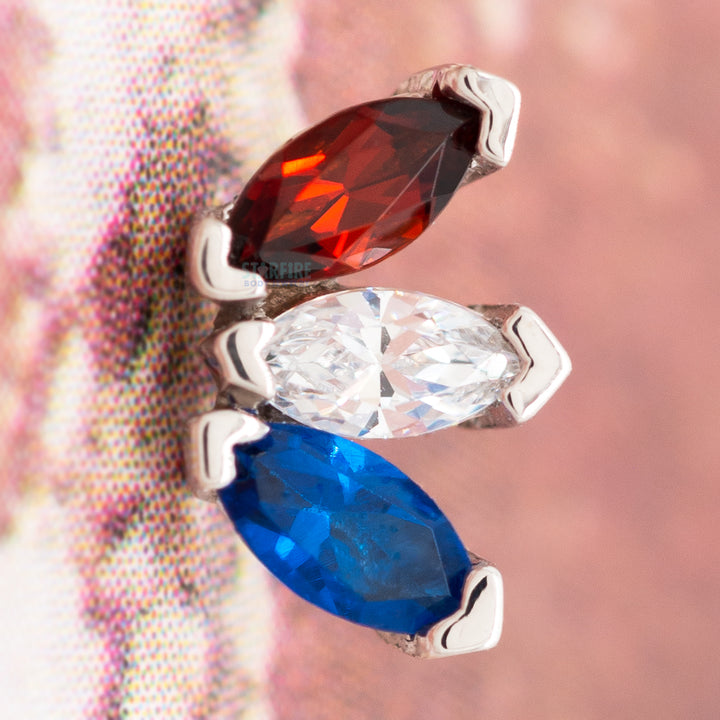 Triple Marquise Fan Threaded End in Gold & Platinum with Garnet, White CZ, and Synthetic Dark Blue